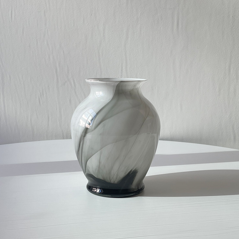 Belgium Black &amp; White Swirl Pattern Hand Blown Glass Vase 1990s