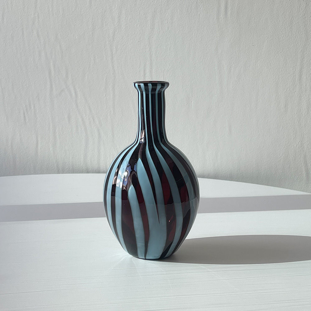 Murano Black &amp; Blue Swirl Hand Blown Glass Vase 1980s