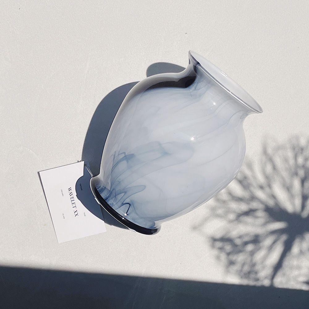 Blue &amp; White Swirl Ginger Jar Shape Hand Blown Art Glass Vase