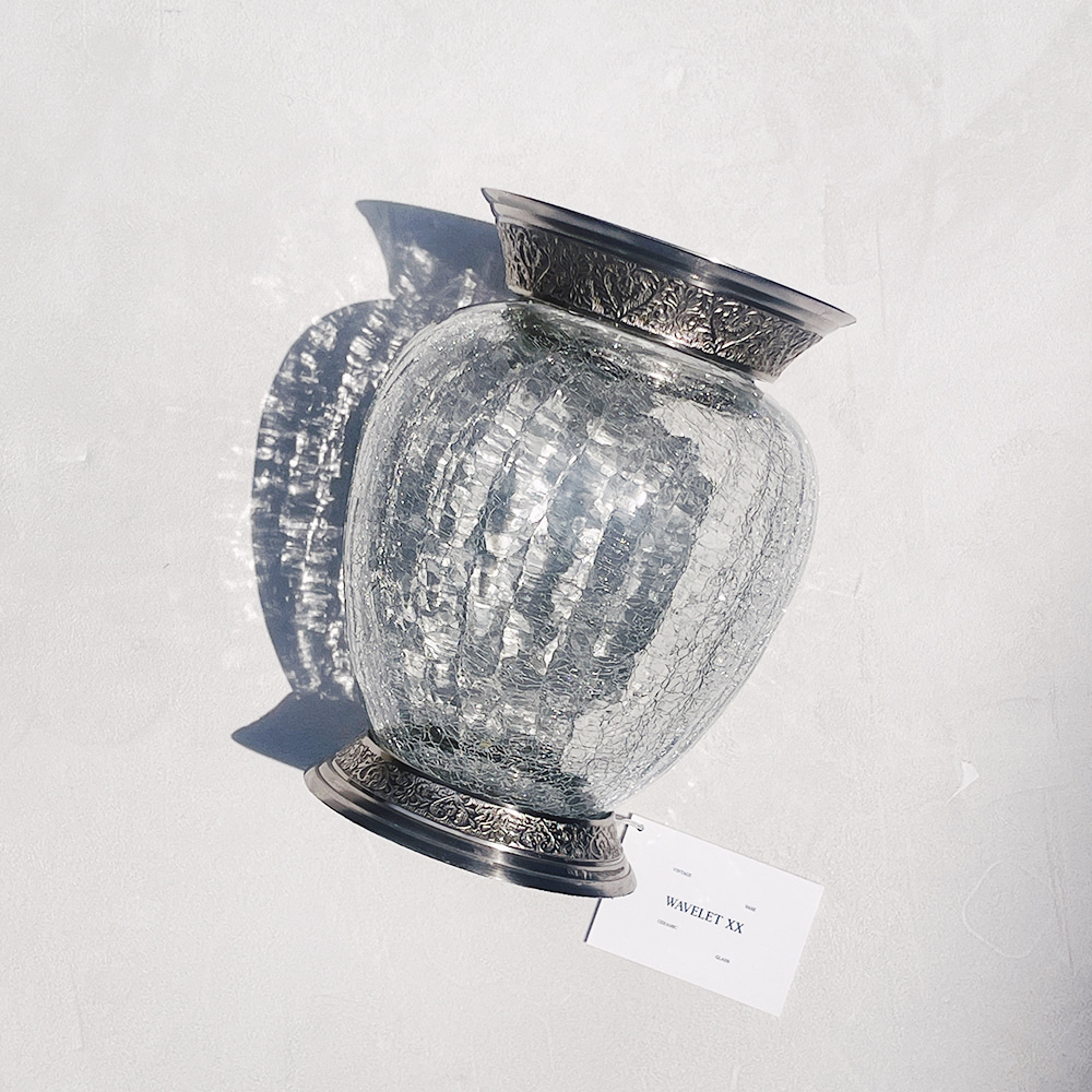 Clear Crackle Glass Vase (Embossed Pewter Rim)