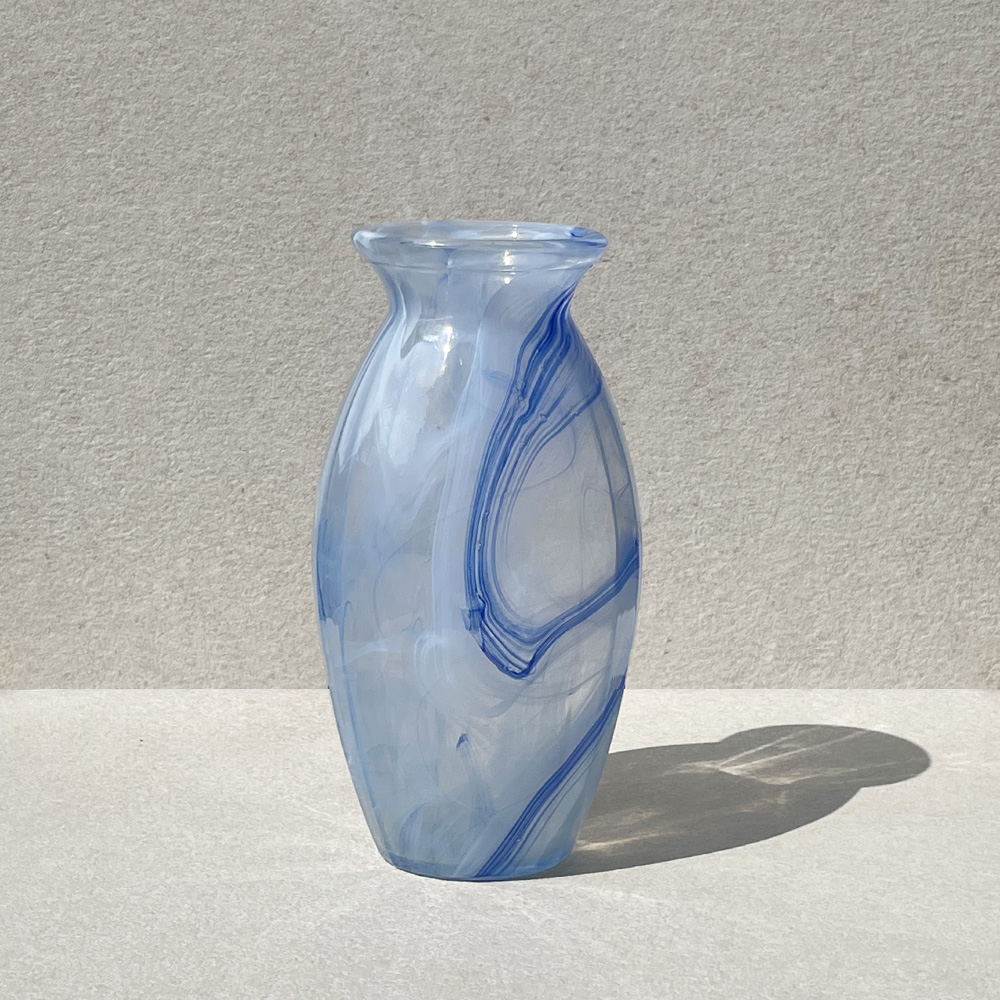 Blue/ White Swirl Flared Hand Blown Art Glass Vase