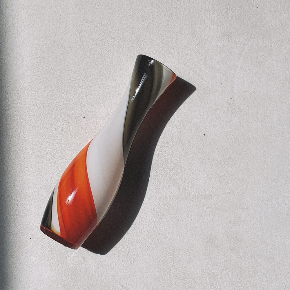 Blown Nasco Japan Orange Black White Art Glass Studio Vase 1970s