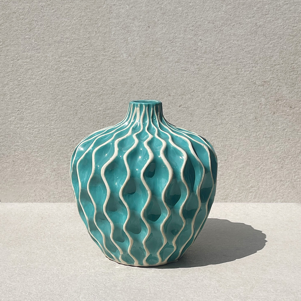 Blue-Green Stoneware with Ruffle Textured Vase