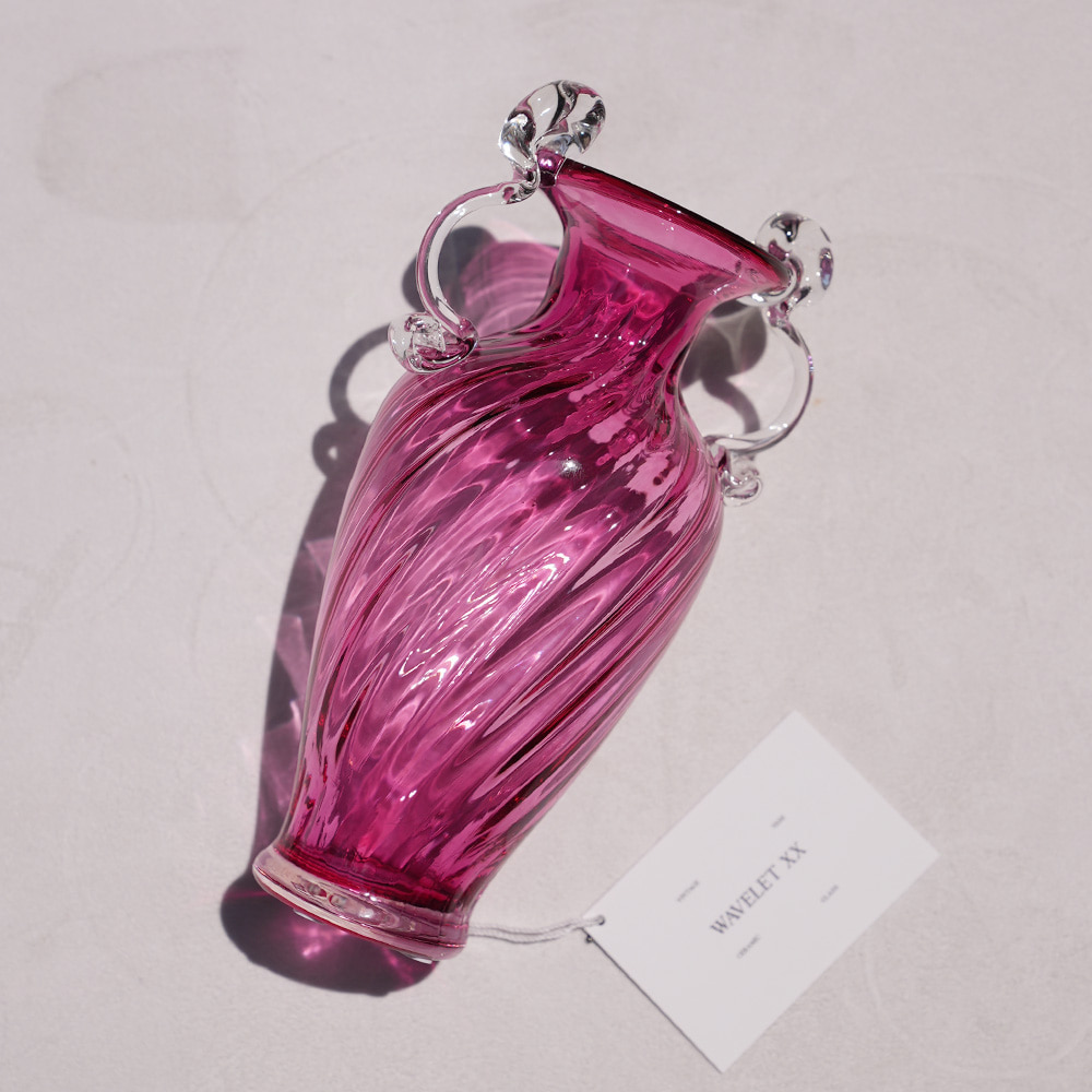 Hand Blown Art Glass Cranberry Pink Swirl Double Handle Vase