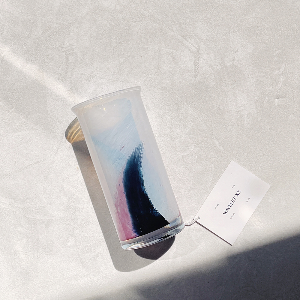 Art Glass Hand Blown White Pink Navy Blue Swirls Vase