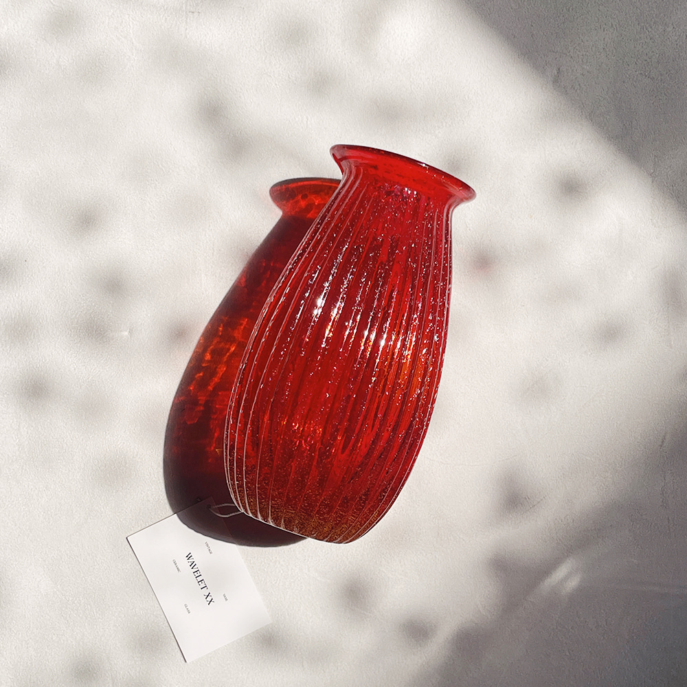 Hand Blown Red Art Glass Bubbles Ribbed Vase